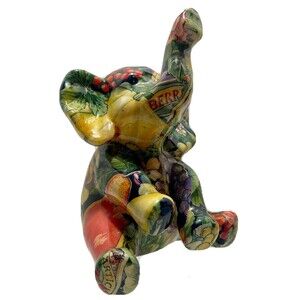 Elephant Ceramic Fruits Flowers and Plants Figurine Colorful Decorative Art EUC